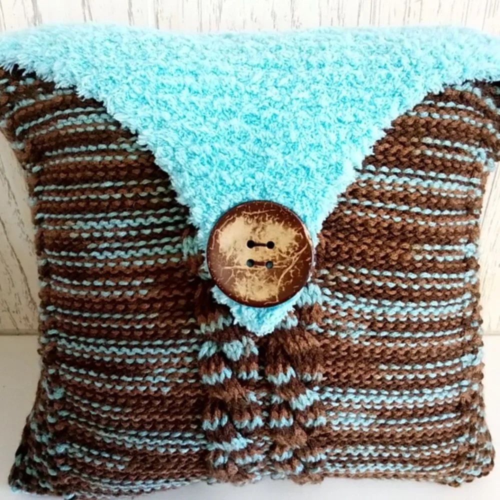 Hand Crafted Knit Pillow Blue & Brown Cable Square Throw Essential Home Decor